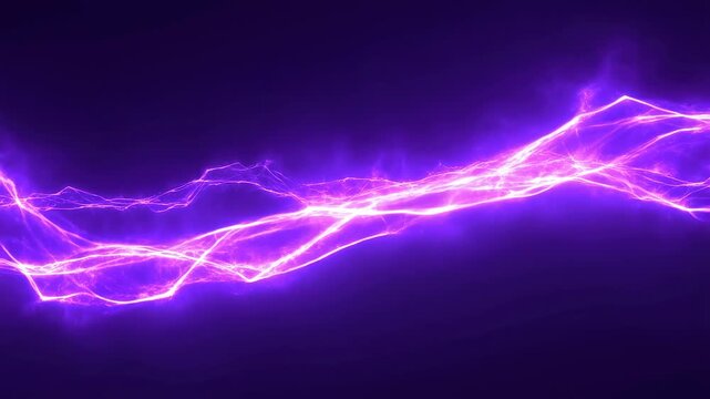 Purple electric energy arcs flow and pulse across a dark background with flickering lightning-like lines and glowing waves. Abstract animation features flowing motion and luminous energy.