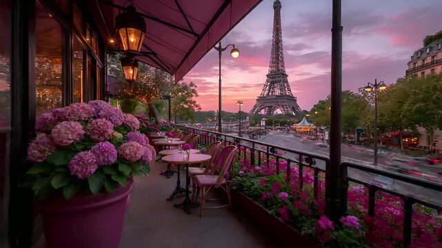 Paris, France, Europe. A vivid portrayal of a Parisian cafe at dusk, with the Eiffel Tower in the background. The cafes interior is illuminated by warm, ambercolored lanterns hanging from the ceiling.
