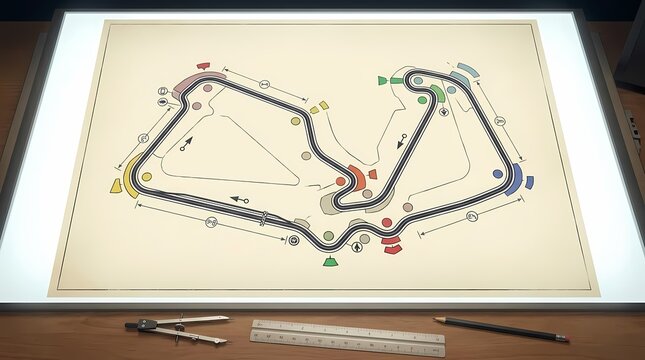 Technical race track layout map displayed on a light table with drafting tools.