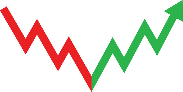 Red and green zigzag arrow graph showing market decline followed by recovery and growth