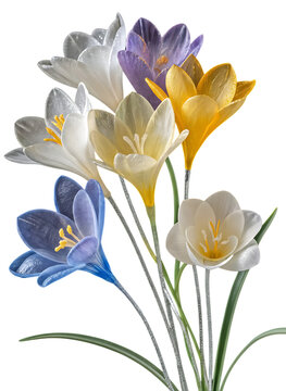 A collection of colorful artificial crocuses with slender stems and yellow centers on transparent background crocus flowers floral bloom