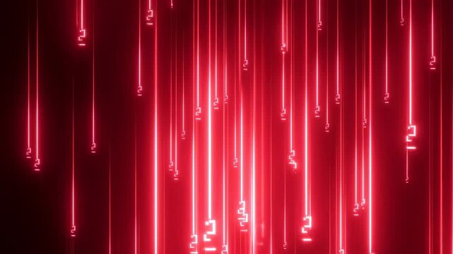 Red glowing numeric symbols cascade downward alongside vertical light streaks on a dark background. Falling motion creates glowing light and atmospheric depth.