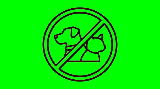 prohibited pets warning sign vector animation with a green chroma key background and flashing red light illumination details