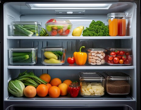 freshly prepared food items stacked and organized in a refrigerator showing abundance and ready for culinary use or storage