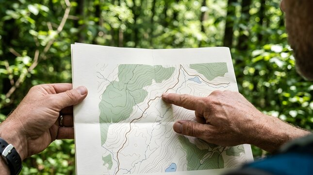 Hiker pointing at a topographic map while trekking in a green forest
