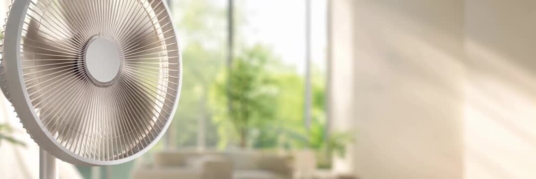 White electric fan in bright room website banner with copy space for text