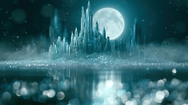 Crystal castle reflecting full moon in frozen eerie lake, glowing ice formations, sparkling snow dust positioned in enchanted garden clearing