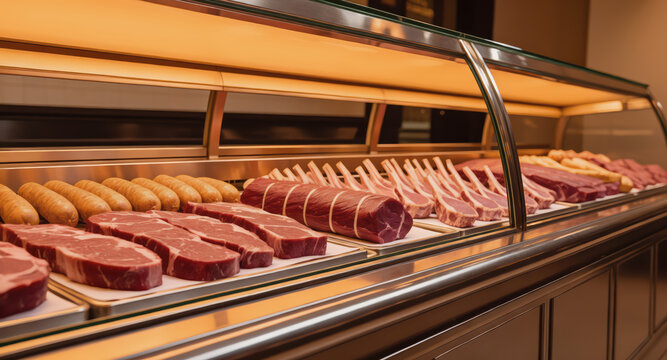Butcher counter with assorted raw meats including steaks, lamb racks and sausages displayed in refrigerated deli showcase; commercial indoor market setting, bright clean presentation