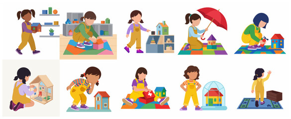 Fototapeta premium Set of flat vector illustrations of little girls playing with toy houses and dollhouses, showcasing imagination, creativity, and childhood home concepts.