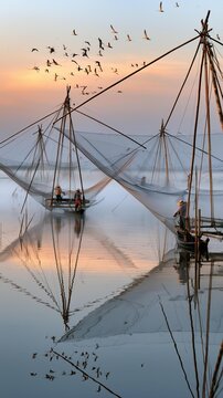 AI generator images of fishermen operating giant lift nets across sea wetlands at sunrise, mist floating above still water, water birds flying overhead, documentary photography