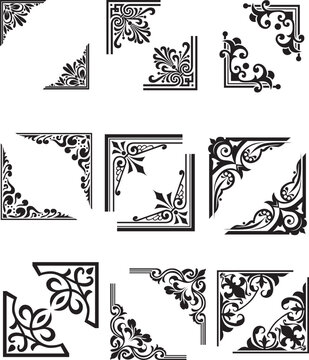 Adobe Illustrator Artwork
Elegant Vintage Floral Corner Frame Ornament Vector Set

A collection of elegant vintage corner frame ornaments featuring intricate floral and ornamental swirl patterns in bl