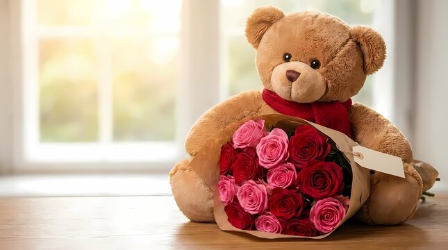 Teddy bear holding large bouquet of red pink roses.