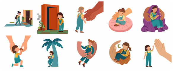 Fototapeta premium Set of parenting and child protection illustrations featuring a little girl being nurtured and cared for by adult hands.