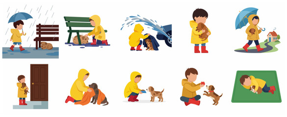 Fototapeta premium Set of illustrations showing a kind boy rescuing and caring for a stray dog on a rainy day