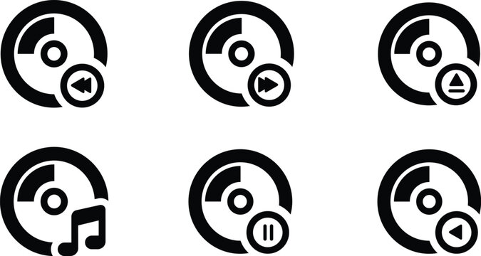 Set of media disc player function icons and controls with navigation collection interface multimedia playback software