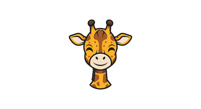 Cute chibi giraffe head mascot logo illustration on white background. Features smiling cartoon face, orange skin with brown spots, ossicones, and large ears in a flat vector style.