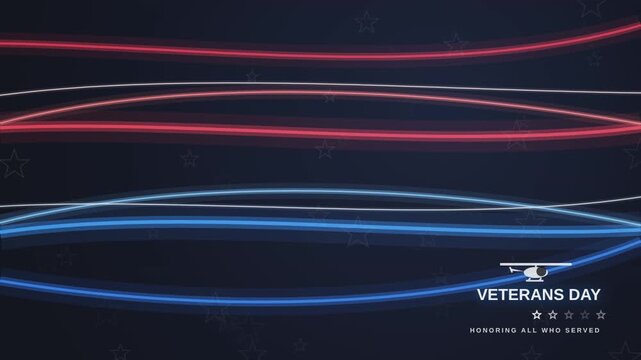 Abstract patriotic background for veterans day featuring red white and blue flowing lines with stars and text