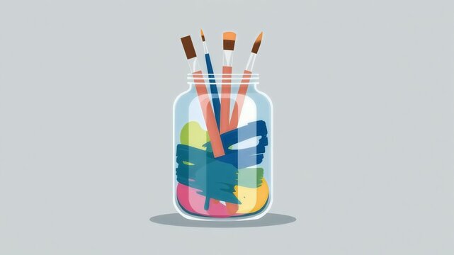 Clear Glass Jar with Assorted Paint Brushes and Rainbow Swirl of Paint, Art Concept Illustration