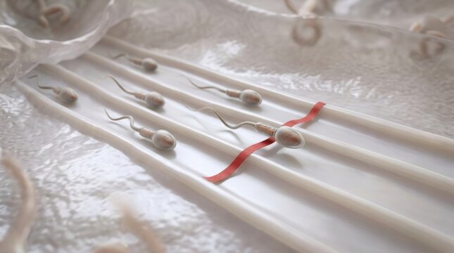 Sperm cells are shown racing towards a target in a laboratory sample vial, emphasizing concepts of fertility and reproductive science.