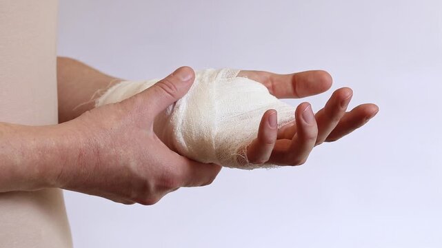 Close-up of bandaged human hand. Female hand with medical gauze bandage on wrist and palm on light neutral background. First aid concept, recovery from injury, sprain or cut. Hand injury