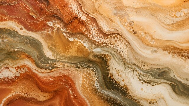 Abstract fluid art background with swirling waves of terracotta, beige, and dark grey paint with gold glitter accents