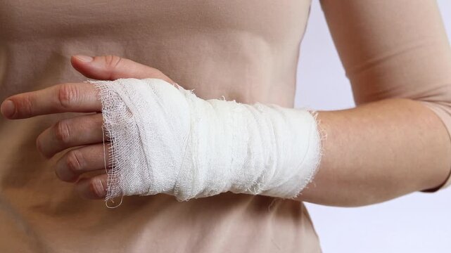 Close-up of white bandage on patient's hand. Injured hand with bandage after accident. Human palm bandaged with gauze bandage. Household or industrial hand injury