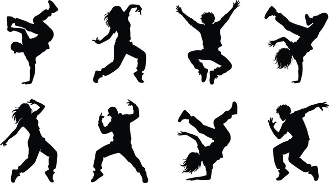 Hip Hop Dance Silhouette Collection Featuring Breakdance Street Dance and Freestyle Performer Vector Set
