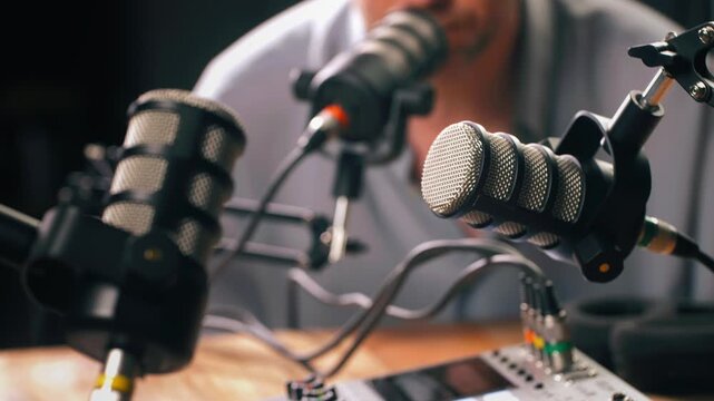 Podcast Live streaming, man radio presenter with microphone, talk show or entertainment. Content creator podcast host in studio for recording audio social media, live concert show. 