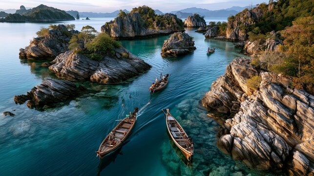 AI generator images of traditional fishermen navigating wooden boats through limestone islands , crystal-clear sea water, authentic maritime lifestyle, documentary photography documentary photography,