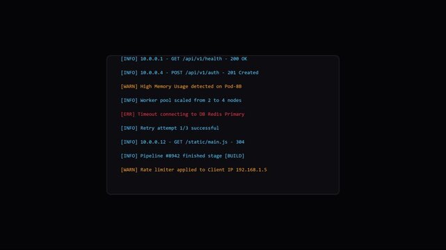 Server terminal logs with system error and warning messages for software development and cybersecurity data analysis animation 4k