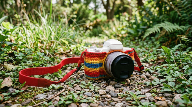 A professional camera resting on a forest floor path celebrating world photography day with nature photography equipment in a lush woodland setting
