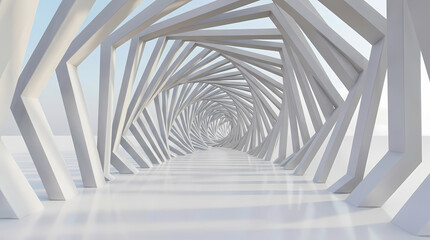 Obraz premium An abstract architectural tunnel with a spiraling design and bright lighting effects.