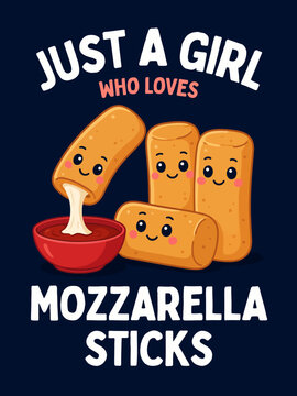 A playful illustration features three smiling mozzarella sticks with cartoon faces beside a bowl of marinara sauce.