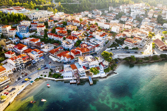 Aerial view of Neos Marmaras coastal town in Halkidiki, Greece
