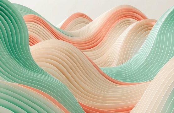 Abstract 3D render of landscape with smooth paper cut layered waves in pastel mint green, coral pink, and cream tones, generative AI