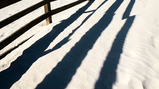 Wooden fence casting long shadows on white sand beach at sunny day
