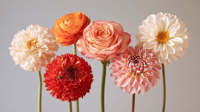 Beautiful soft orange and pink ranunculus and dahlia flowers.