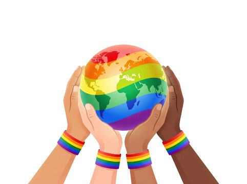 Diverse hands holding a rainbow globe. LGBTQ pride concept with world map and colorful earth.