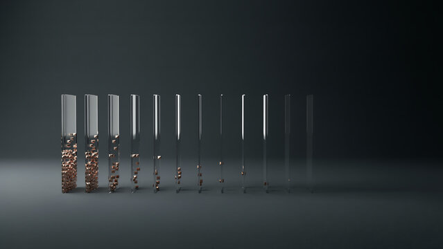 Abstract financial crisis and asset depreciation concept with row of glass chart columns losing copper coins on dark background