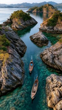 AI generator images of traditional fishermen navigating wooden boats through limestone islands , crystal-clear sea water, authentic maritime lifestyle, documentary photography documentary photography,