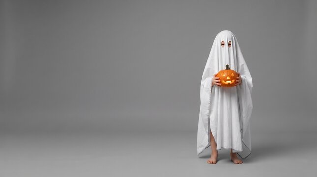 Person in a spooky sheet ghost costume holding a glowing pumpkin.