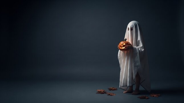 Spooky sheet ghost holding a glowing pumpkin in the dark.