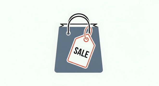 Minimalist graphic of a grey shopping bag with a red and white sale price tag, representing retail promotions and consumer purchasing.