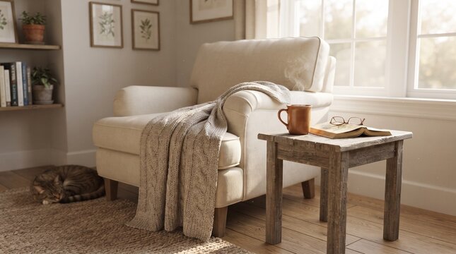 Cozy living room interior with an armchair blanket and coffee cup.