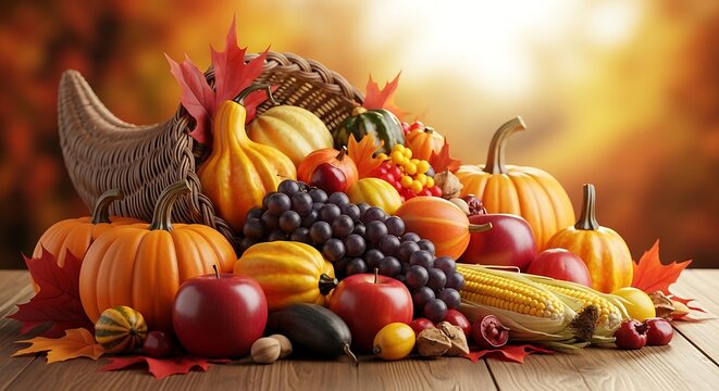 Canadian thanksgiving harvest cornucopia with fresh fruits and vegetables