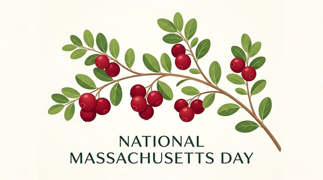 Cranberry branch with fresh berries, minimal National Massachusetts Day text, clean vector illustration
