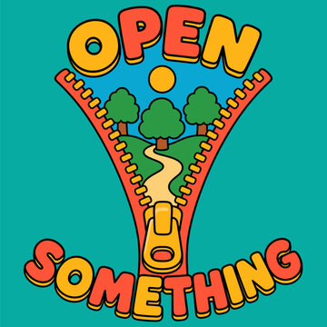 OPEN SOMETHING zipper nature cartoon illustration