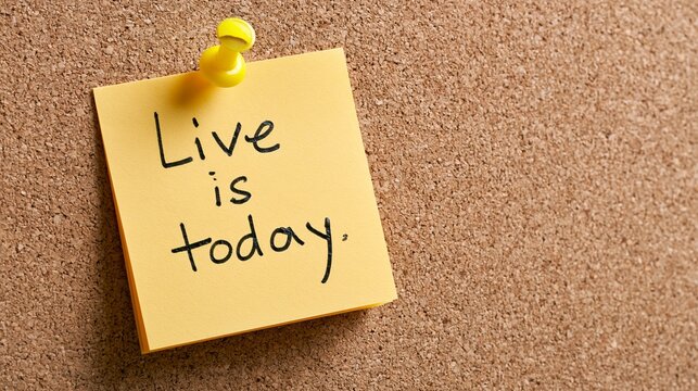 Yellow sticky note on a corkboard with the text Live is today.
