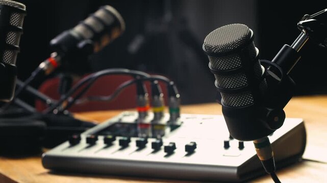 Podcast Live streaming, man radio presenter with microphone, talk show or entertainment. Content creator podcast host in studio for recording audio social media, live concert show. 