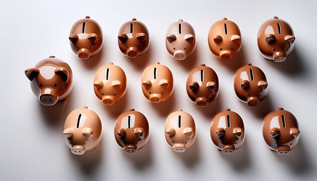 Flat Lay Arrangement Of Brown Piggy Banks On White Background Minimalist Style
